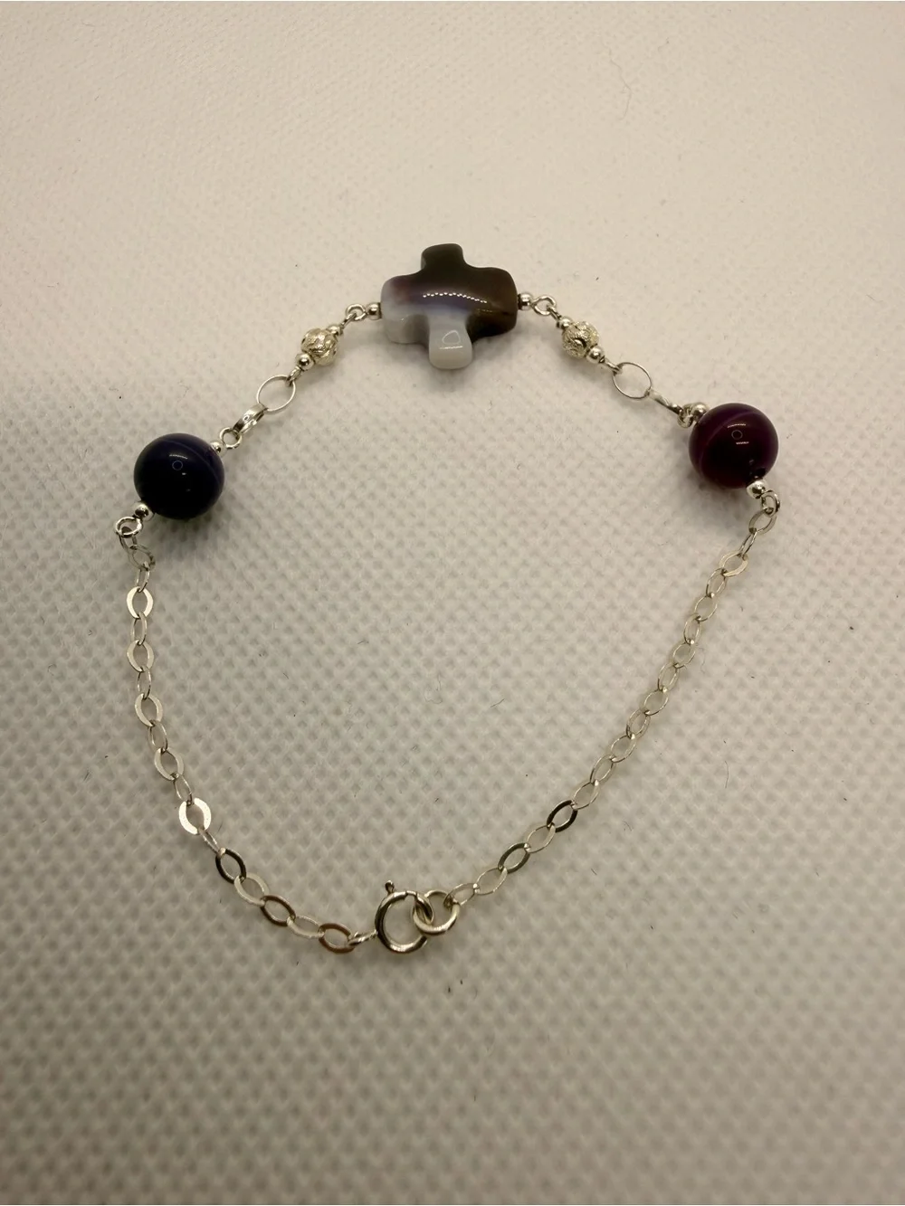 925 Sterling Silver Bracelet with Purple and Blue Beads and Cross Charm